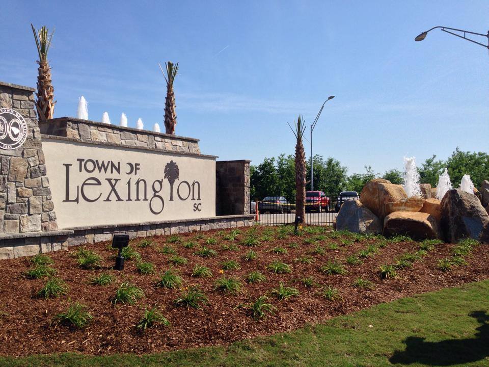 Town of Lexington, South Carolina welcome sign with a garden bed in front