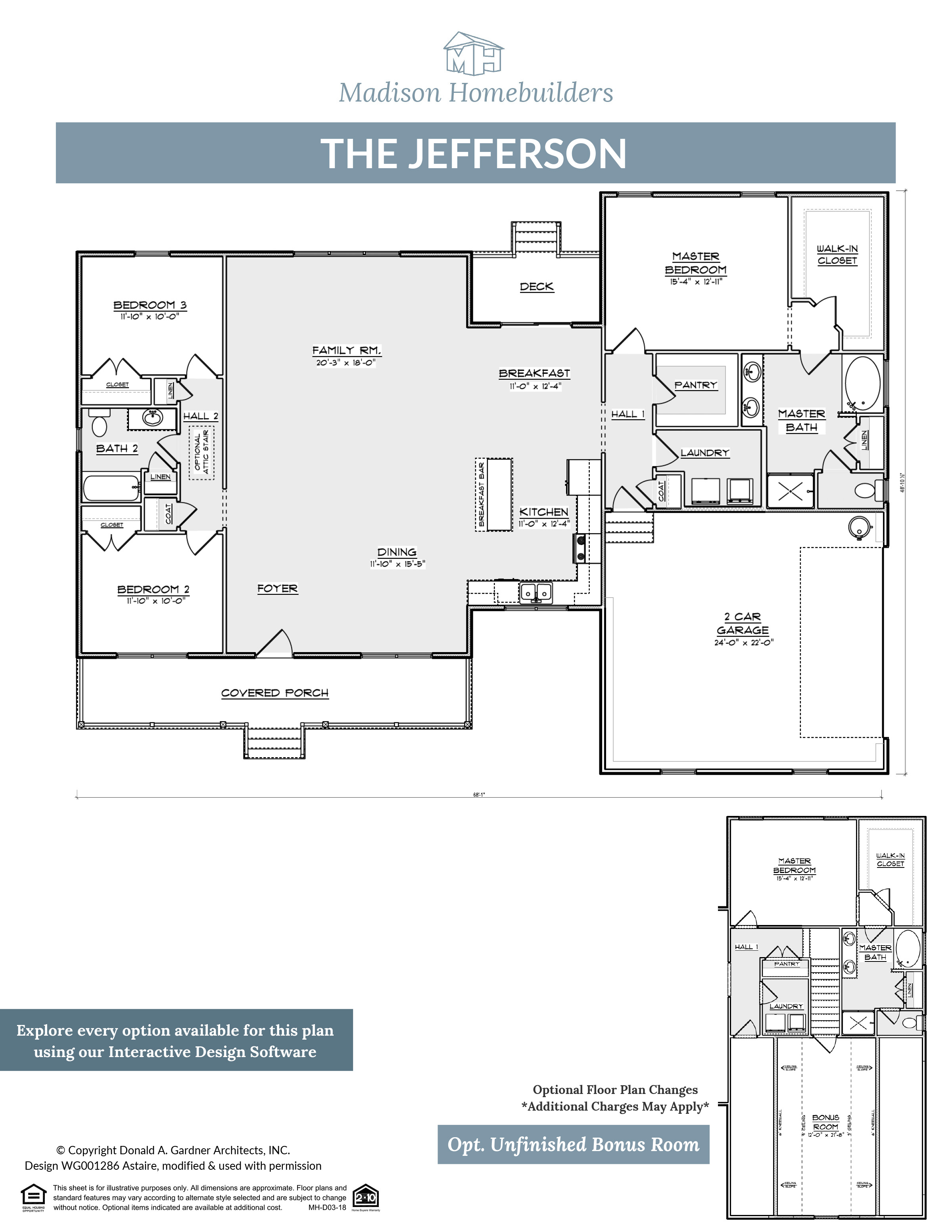 The Jefferson floor plan from Madison Homebuilders is a ranch style home featuring craftsman styling.